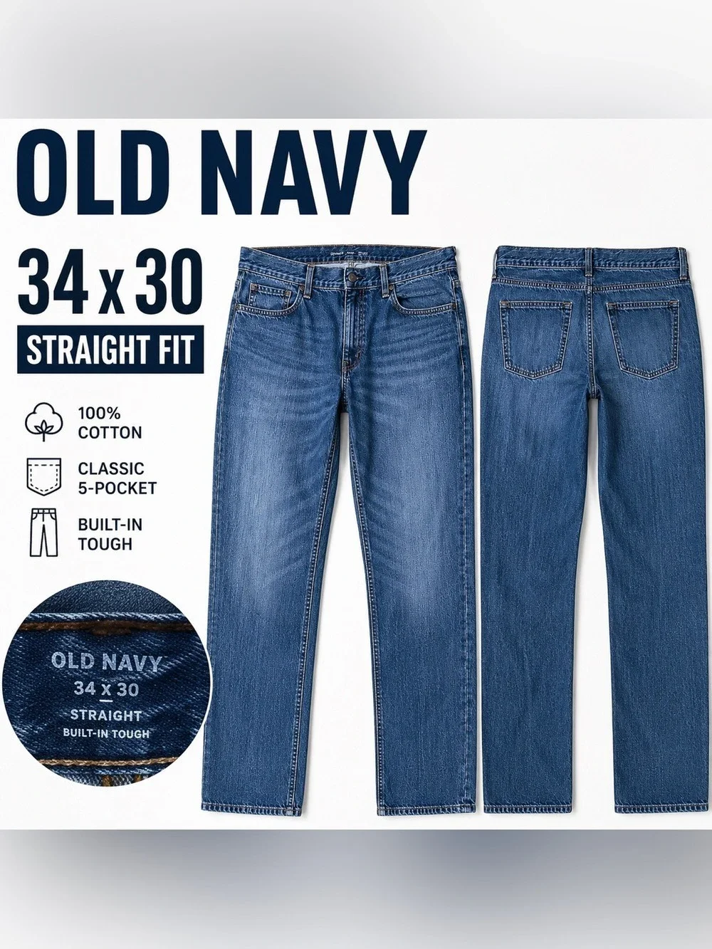 Old Navy Straight Fit Jeans Men’s 34x30 Blue Medium Wash Classic Denim